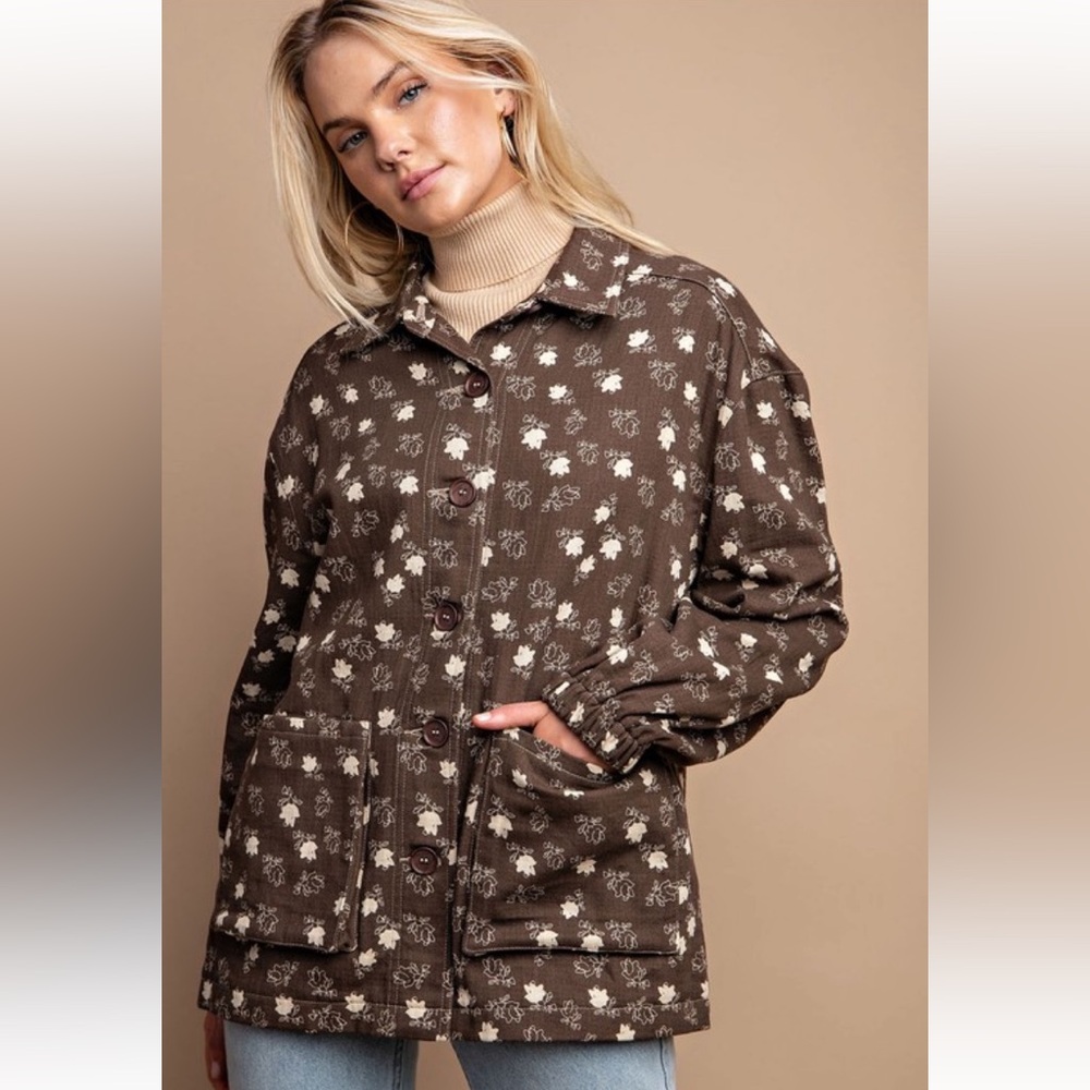 Brown Floral Utility Jacket with Front Pockets